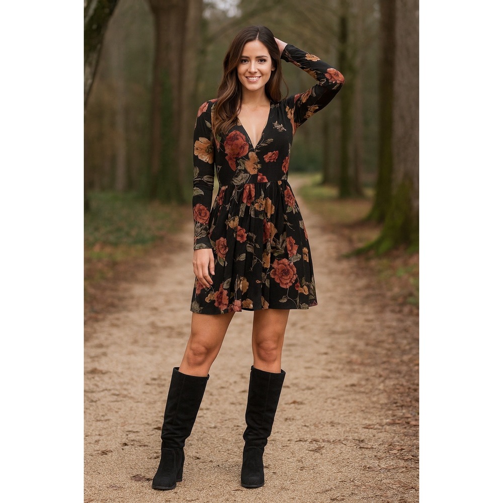 ✨ VTG Y2K Whimsigoth Floral Dress – Black – Medium Fairy Grunge Witchy Holiday ✨